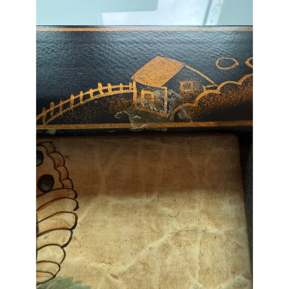 Vintage Asian Art Lacquered Panel Hand-Painted Scene Parrot Butterflies & Grapes - Picture 7 of 10